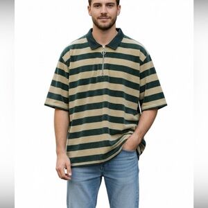 Urban Outfitters Men's Striped Velour Polo Shirt Large Green Cream